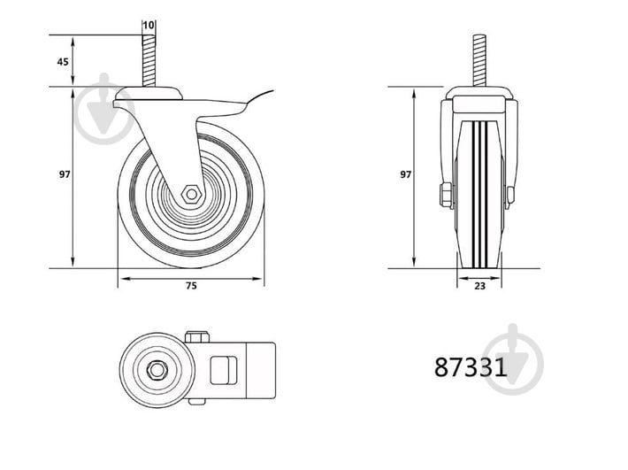 Колесо Vorel d75 мм резиновое поворотное с тормозом і резьбовым штырем M10 87331 - фото 2 Колесо Vorel d75 мм резиновое поворотное с тормозом і резьбовым штырем M10 87331 - фото 2