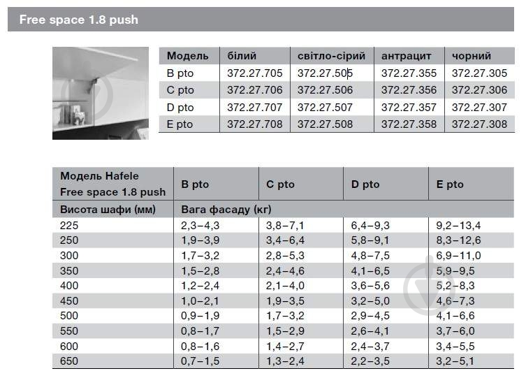 Подъемный механизм Hafele Free Space 1.8 Push модель В белый 372.27.705 механический Push open - фото 2 Подъемный механизм Hafele Free Space 1.8 Push модель В белый 372.27.705 механический Push open - фото 2