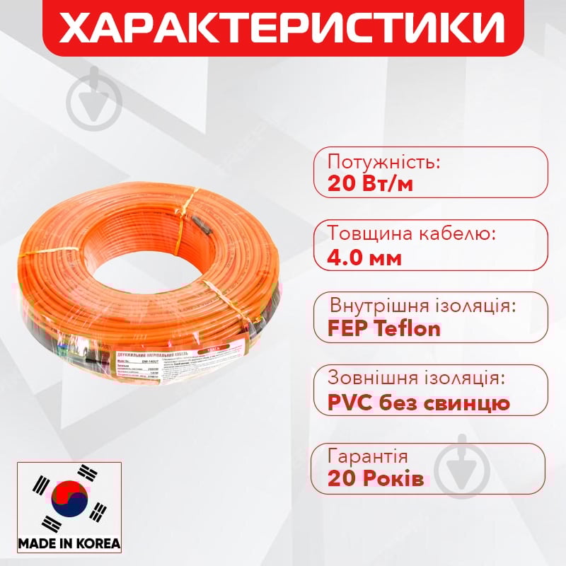 Нагрівальний кабель Enerpia DW-25UT 400Вт 20м + Castle AC8400Н-B Терморегулятор програмний - фото 3