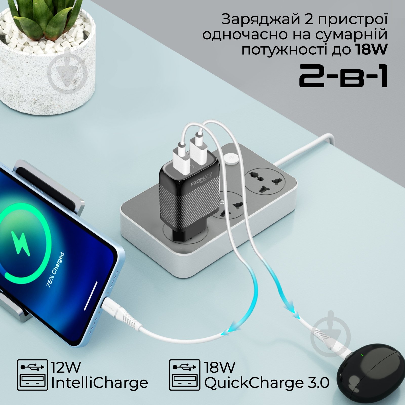 Мережевий зарядний пристрій Promate BiPlug-QC3 18W 2хUSB-A - фото 2