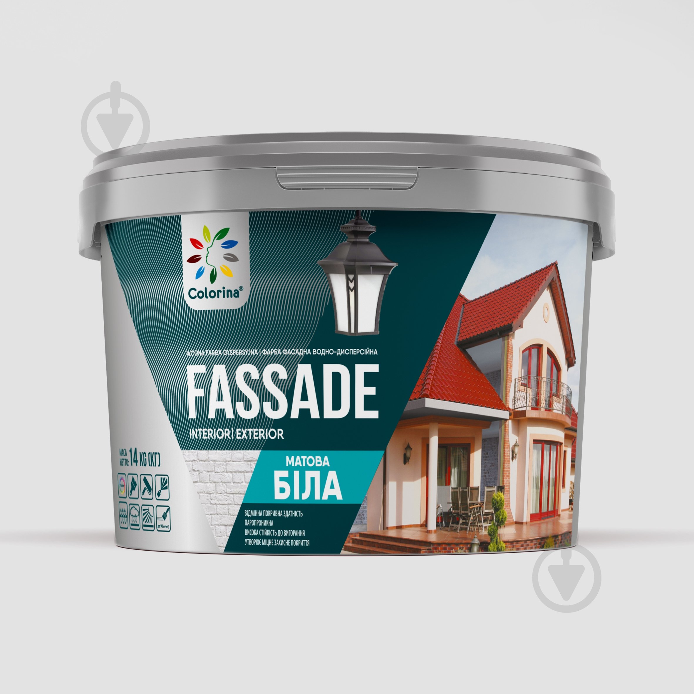 Краска фасадная акриловая водоэмульсионная COLORINA FASSADE мат белый 14 кг - фото 2 Краска фасадная акриловая водоэмульсионная COLORINA FASSADE мат белый 14 кг - фото 2