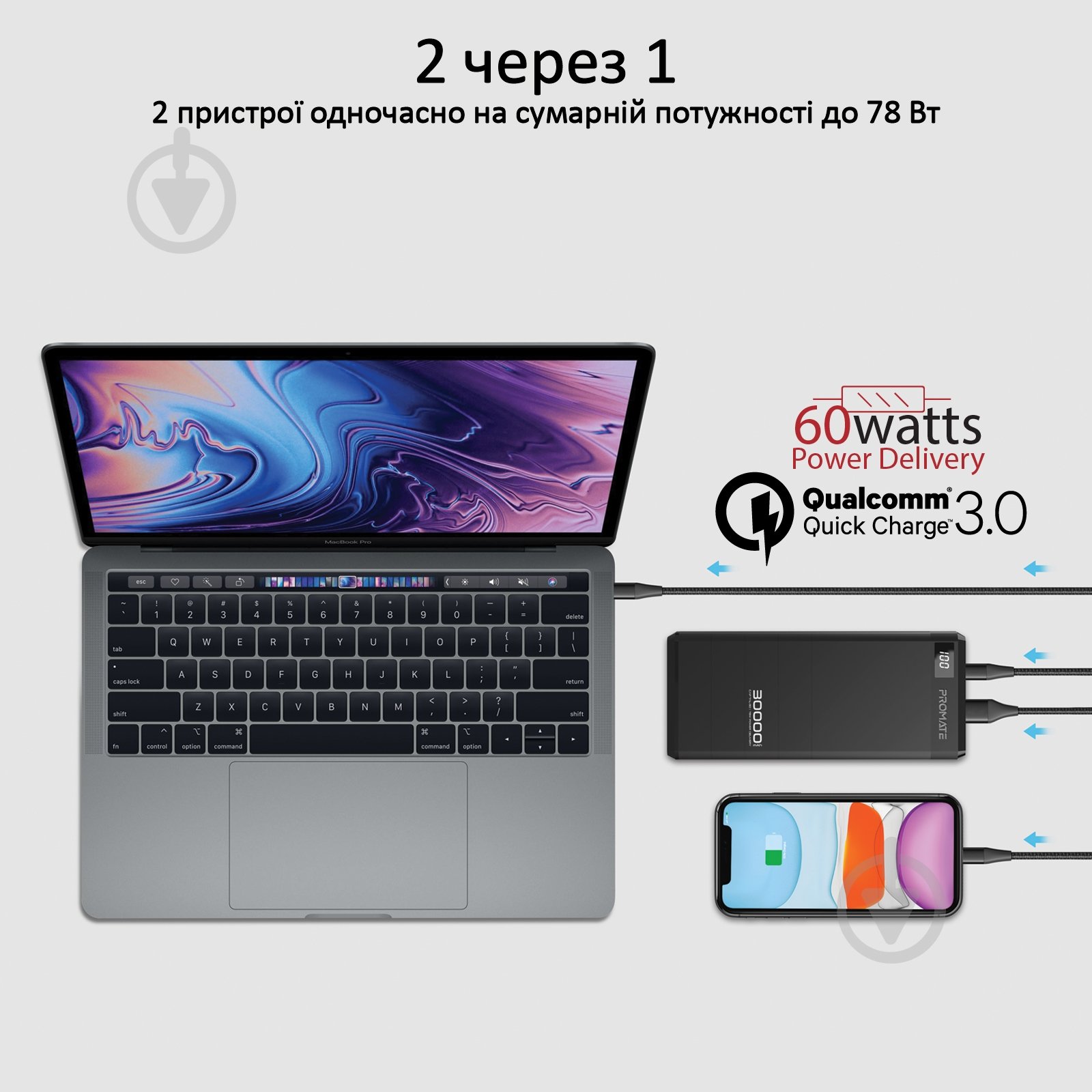 Повербанк Promate 87.5W USB QC 3.0 USB-C Power Delivery 30000 mAh (capital-30.black) - фото 4