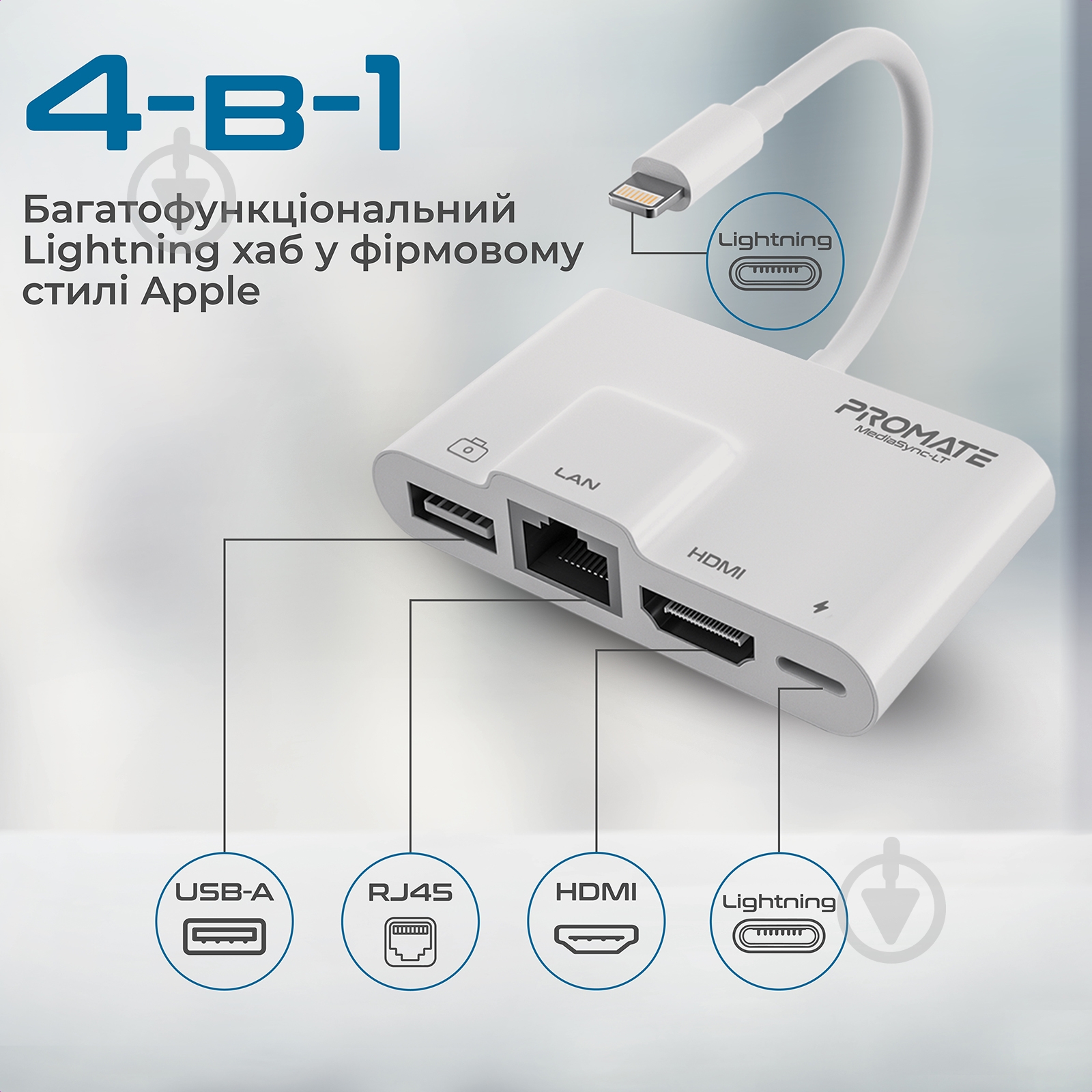 Адаптер Promate MediaSync-LT Lightning to USB 3.0 OTG/RJ45/HDMI/10Вт Lightning-in белый (mediasync-lt.white) - фото 2 Адаптер Promate MediaSync-LT Lightning to USB 3.0 OTG/RJ45/HDMI/10Вт Lightning-in белый (mediasync-lt.white) - фото 2