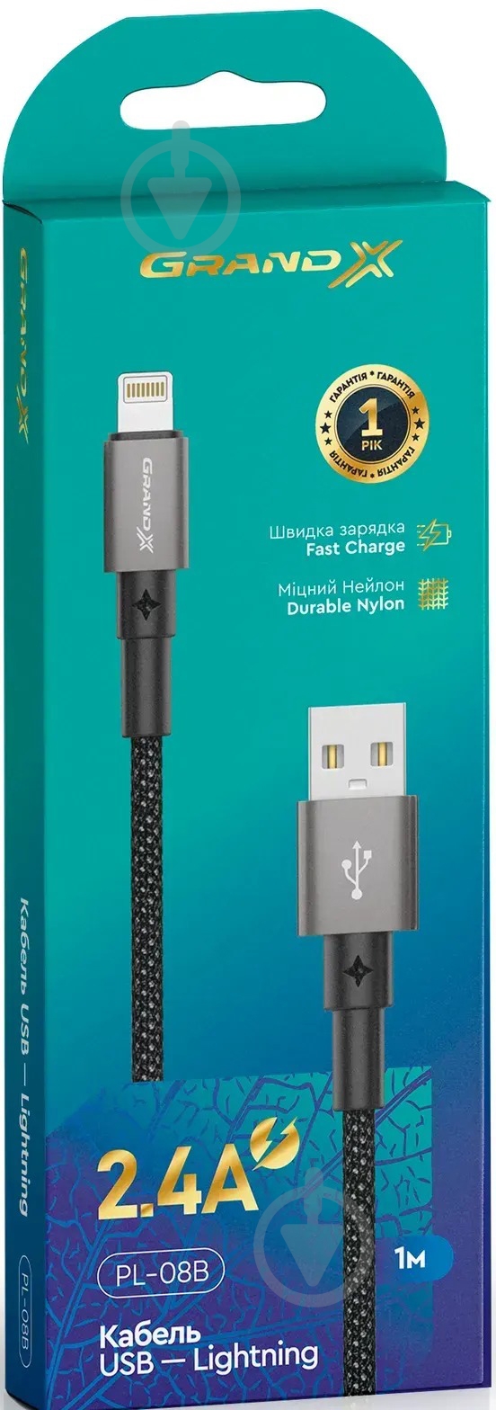 Кабель Grand-X USB-Lightning 1 м черный (PL-08) - фото 4 Кабель Grand-X USB-Lightning 1 м черный (PL-08) - фото 4