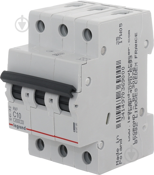 Автоматический выключатель Legrand RX3 4,5кА 10А 3Р C 419706 - фото 1