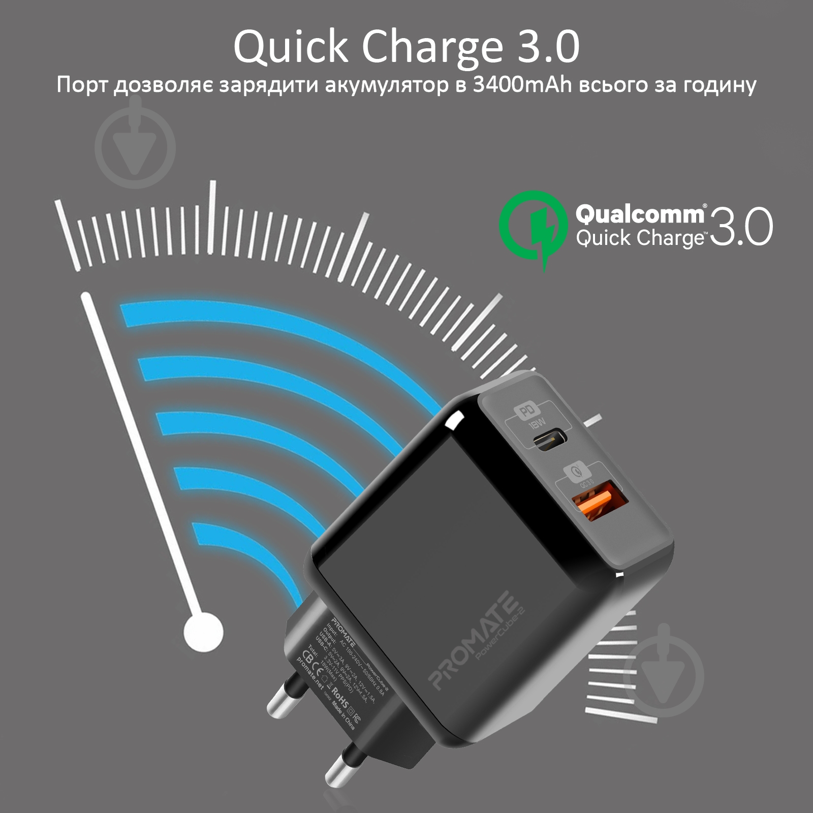 Зарядное устройство Promate PowerCube-2 18Вт Type-C PD + USB QC3.0 Black - фото 4