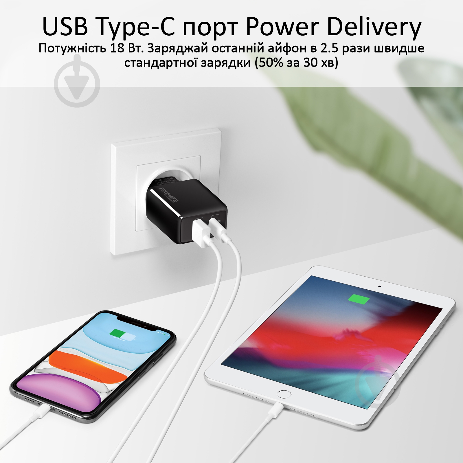 Зарядное устройство Promate PowerCube-2 18Вт Type-C PD + USB QC3.0 Black - фото 3
