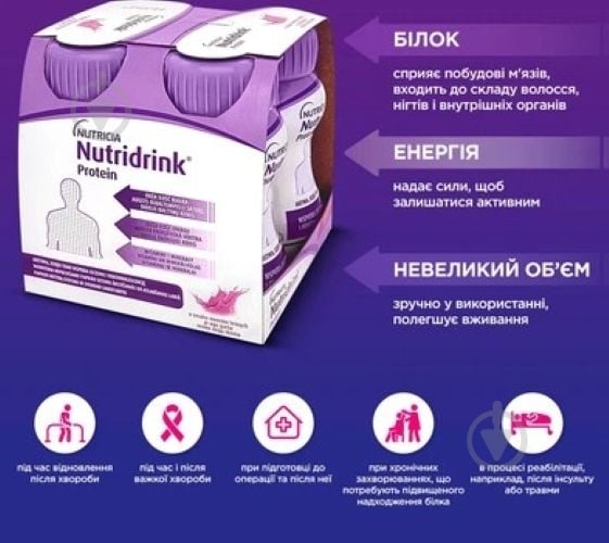 Ентеральне харчування Nutricia Nutridrink Protein Berries зі смаком лісових ягід з високим вмістом білка та енергії 4 шт х 125 мл (87169005 - фото 6