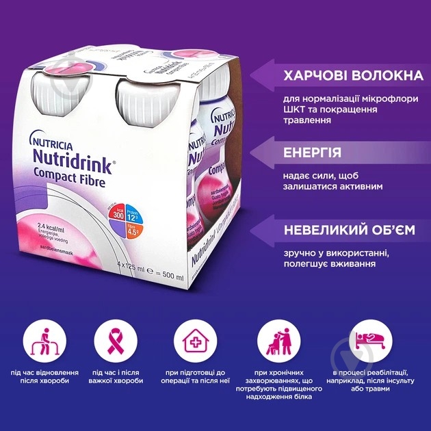 Ентеральне харчування Nutricia Nutridrink Compact Fibre Strawberry зі смаком полуниці з високим вмістом енергії та харчовими волокнам — фото 6
