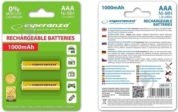 Аккумулятор Esperanza AAA (мизинчиковые) 2 шт. (EZA101Y) - фото 2 Аккумулятор Esperanza AAA (мизинчиковые) 2 шт. (EZA101Y) - фото 2