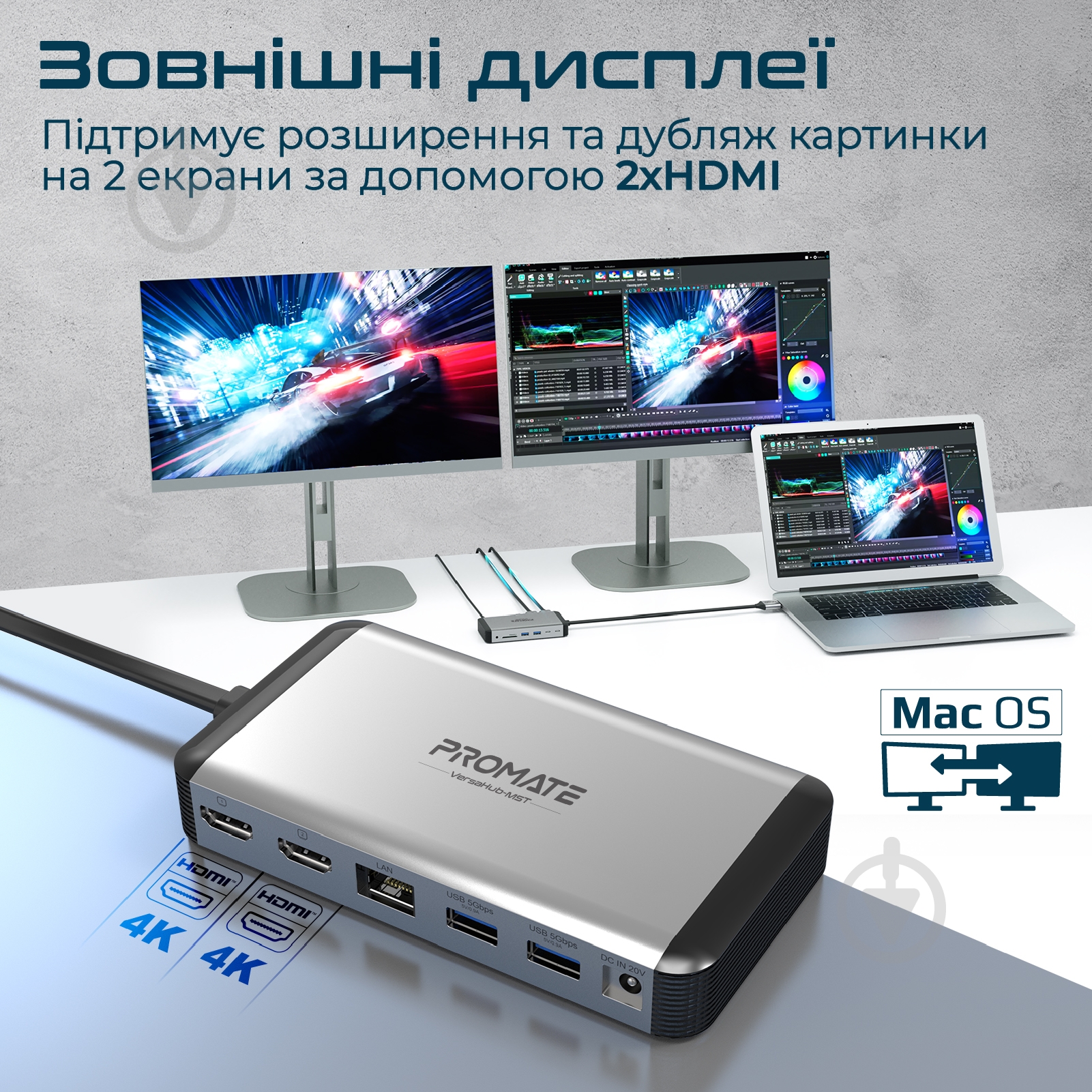 Док-станция Promate 13 в 1 для MacBook dark grey (versahub-mst.grey) - фото 4