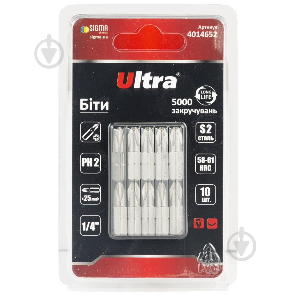 Набор бит Ultra PH2×25мм 1/4 10 шт. 4014652 - фото 1