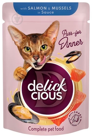 Корм вологий для котів DELICKCIOUS шматочки з лососем і мідіями в соусі 85 г - фото 1