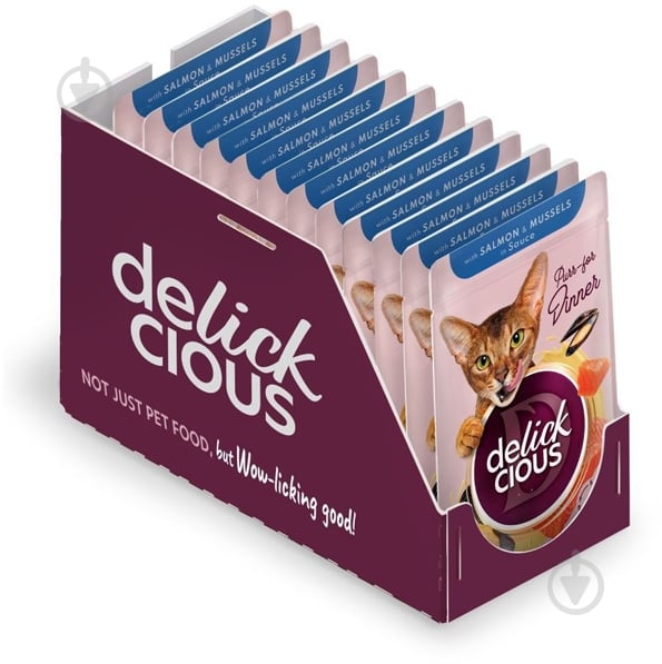 Корм вологий для котів DELICKCIOUS шматочки з лососем і мідіями в соусі 85 г - фото 4