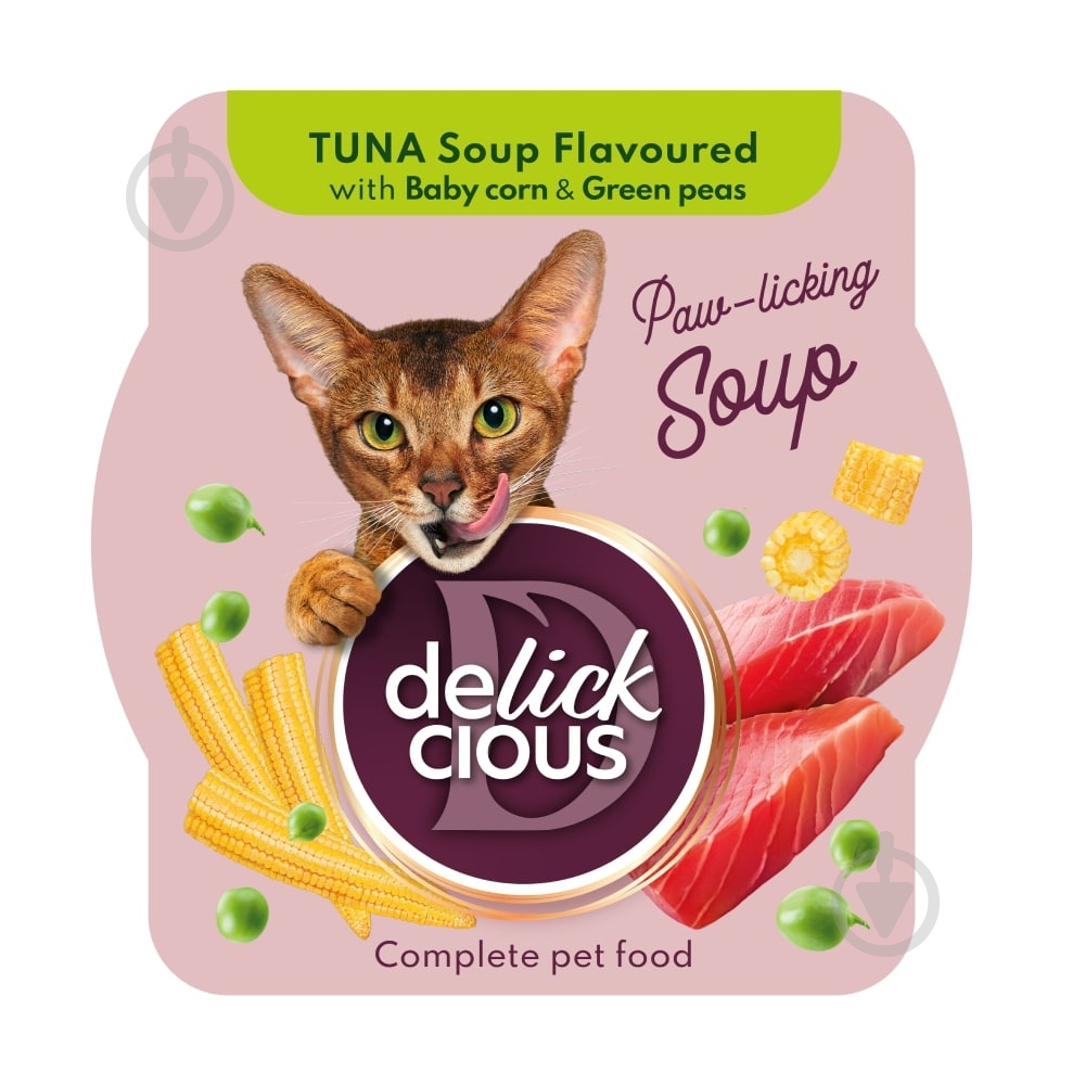 DELICKCIOUS суп из тунца с добавлением миникукурузы и зеленого горошка 80 г - фото 1 DELICKCIOUS суп из тунца с добавлением миникукурузы и зеленого горошка 80 г - фото 1