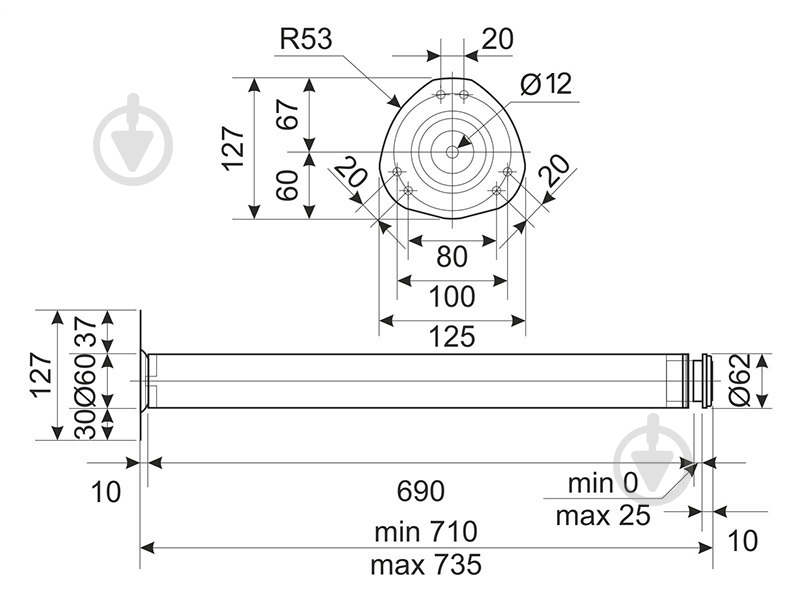 Мебельная ножка DC d60x710 мм для стола золото с креплением - фото 2