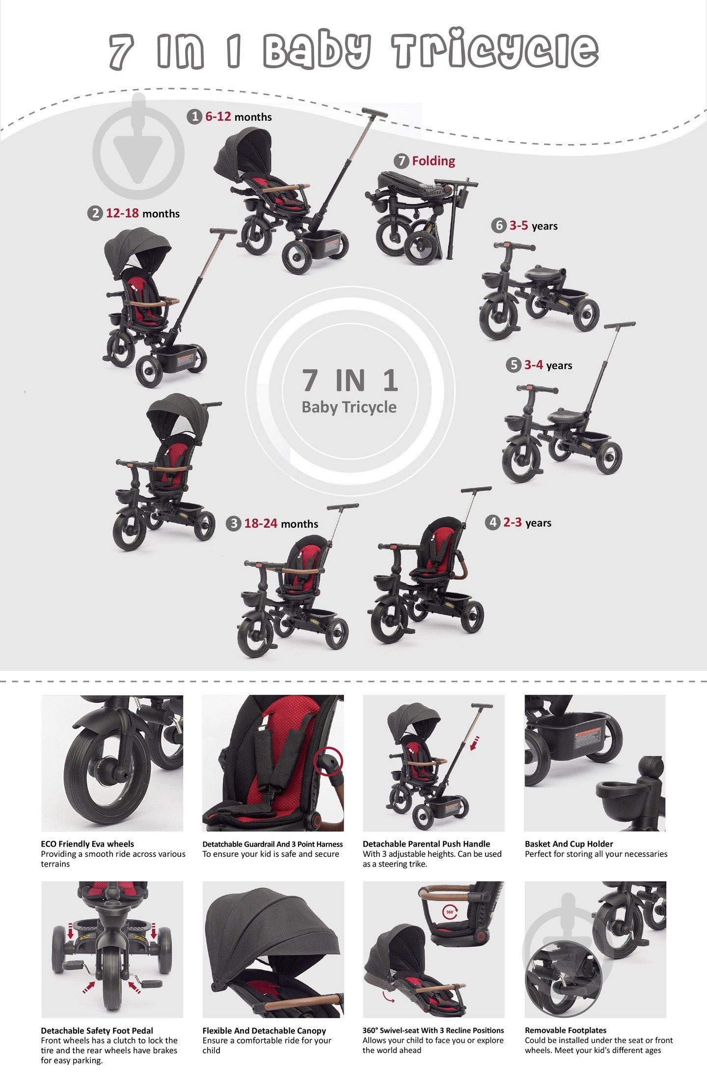 Велосипед дитячий MaxxPro kids триколісний з балдахіном чорний 2750009 - фото 4