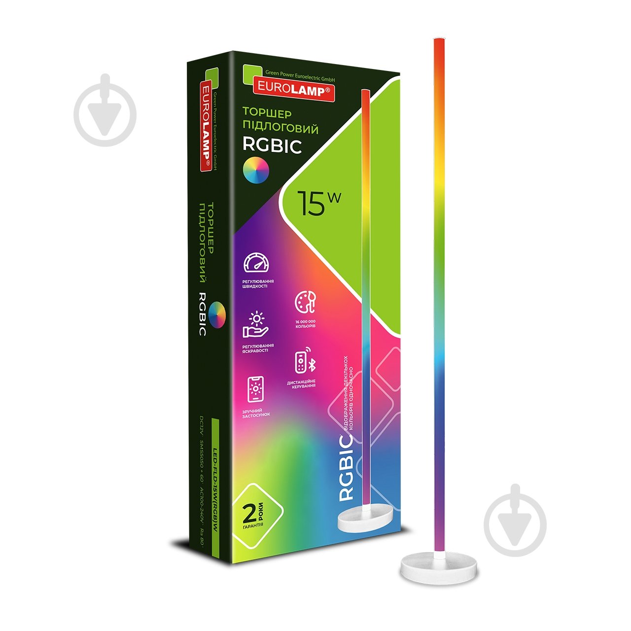 Торшер Eurolamp без цоколя зелений LED-FLD-15W(RGB)W - фото 1