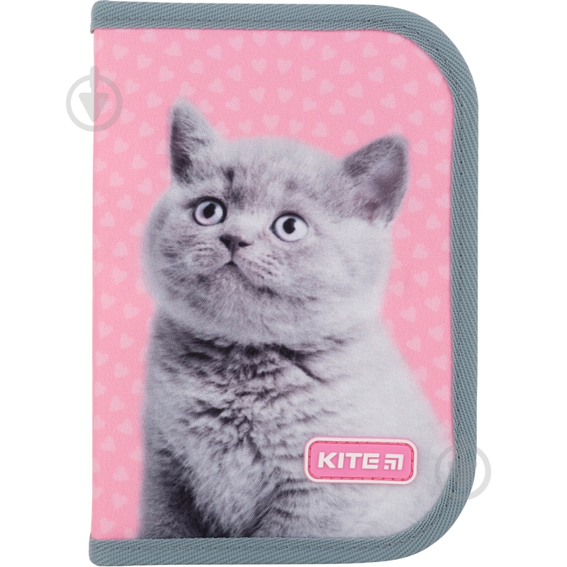 Пенал шкільний Fluffy Cat K22-622-17 KITE рожевий із сірим - фото 1