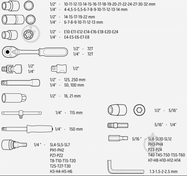 Набір головок 1/2, 1/4 NEO tools 108 шт. 08-666 - фото 7