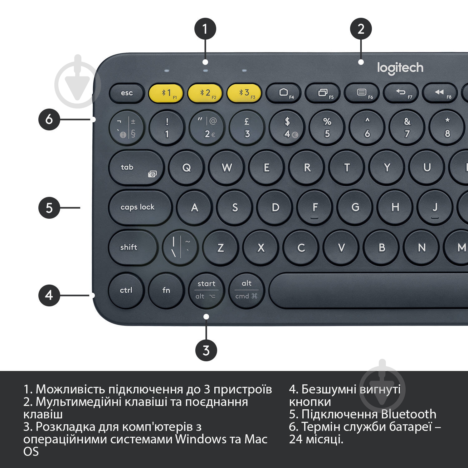 Клавиатура Logitech K380 Multi-Device Bluetooth UA (L920-007582) dark grey - фото 6 Клавиатура Logitech K380 Multi-Device Bluetooth UA (L920-007582) dark grey - фото 6