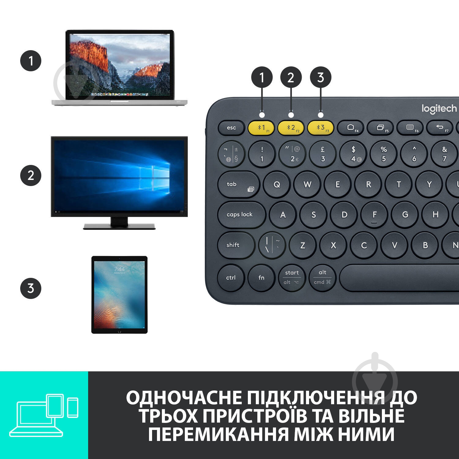 Клавиатура Logitech K380 Multi-Device Bluetooth UA (L920-007582) dark grey - фото 7 Клавиатура Logitech K380 Multi-Device Bluetooth UA (L920-007582) dark grey - фото 7