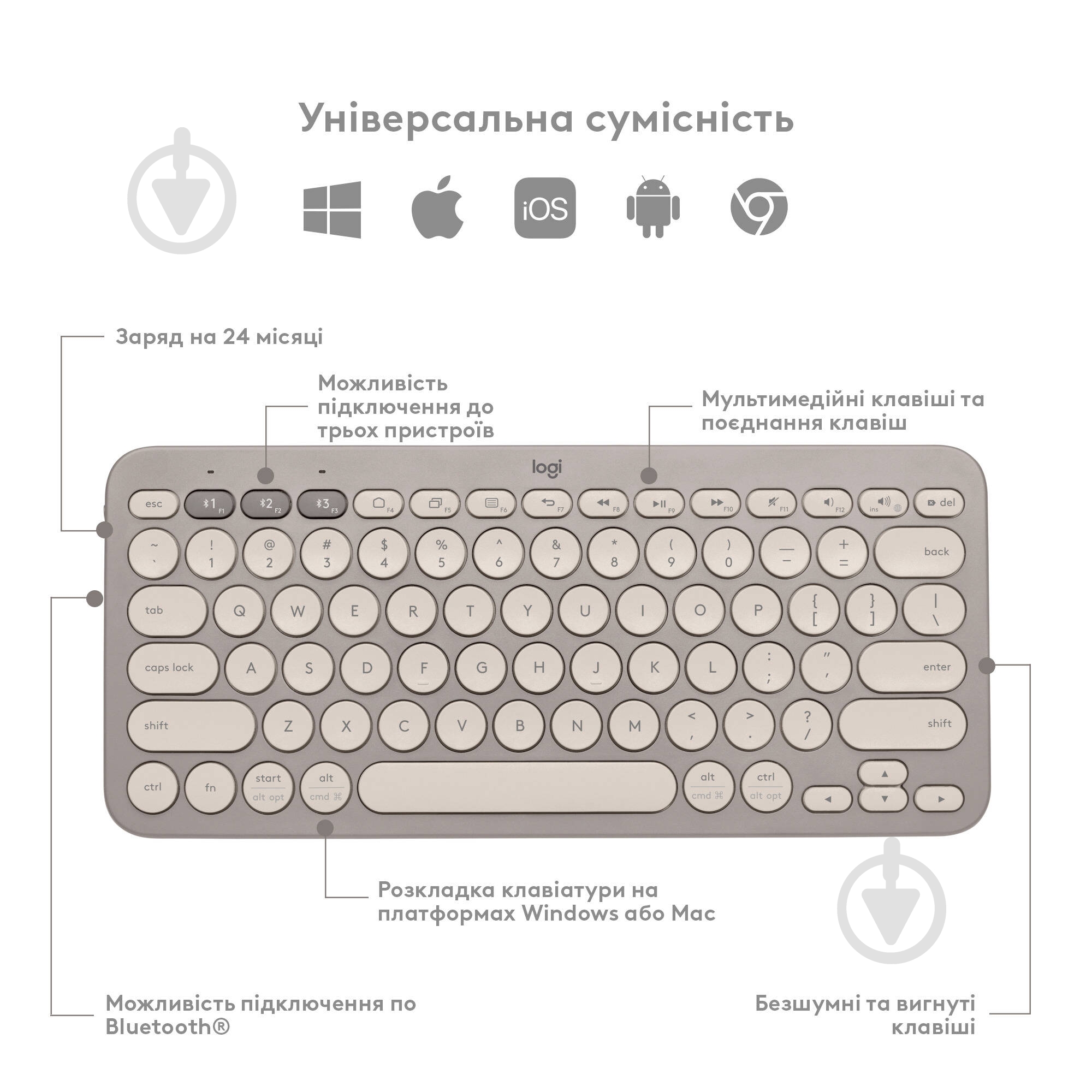 Клавиатура Logitech K380 Multi-Device Bluetooth Keyboard RUS (L920-011163) sand - фото 6 Клавиатура Logitech K380 Multi-Device Bluetooth Keyboard RUS (L920-011163) sand - фото 6