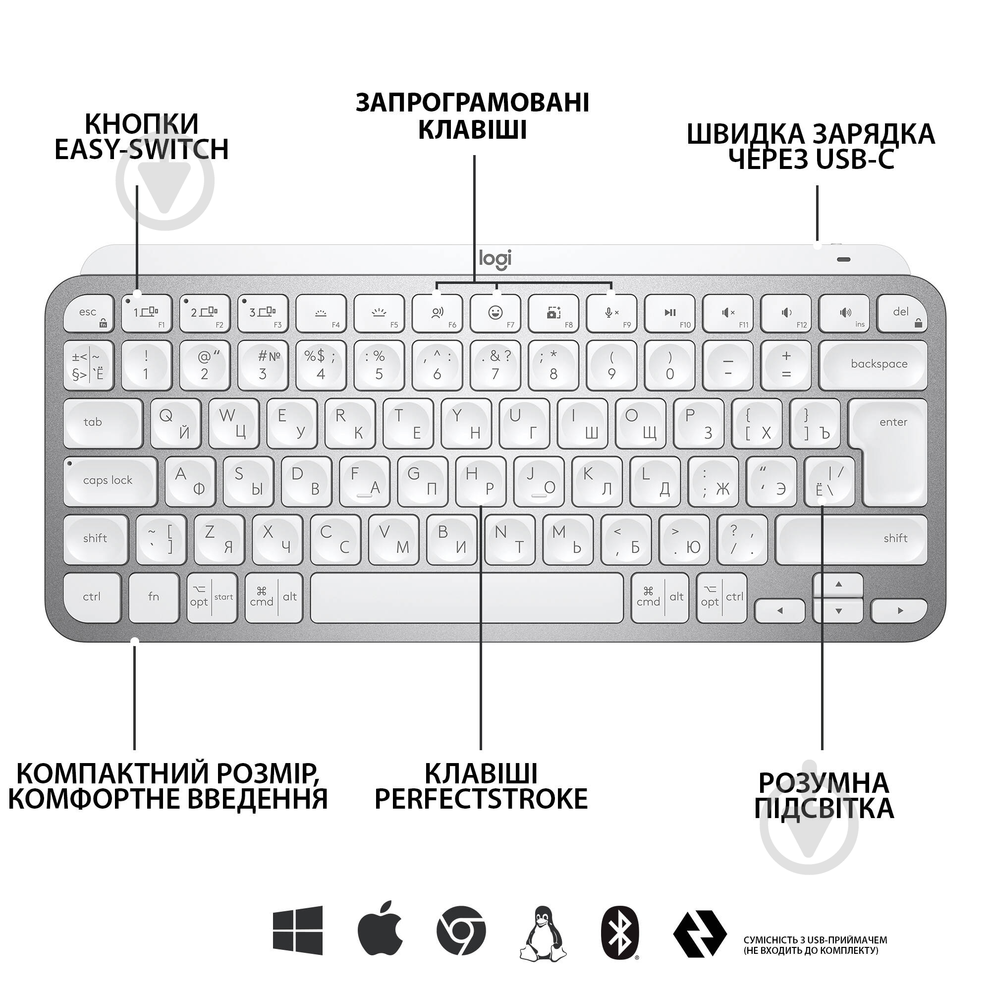 Клавиатура Logitech MX Keys Mini Minimalist Wireless Illuminated (920-010499) pale grey - фото 6