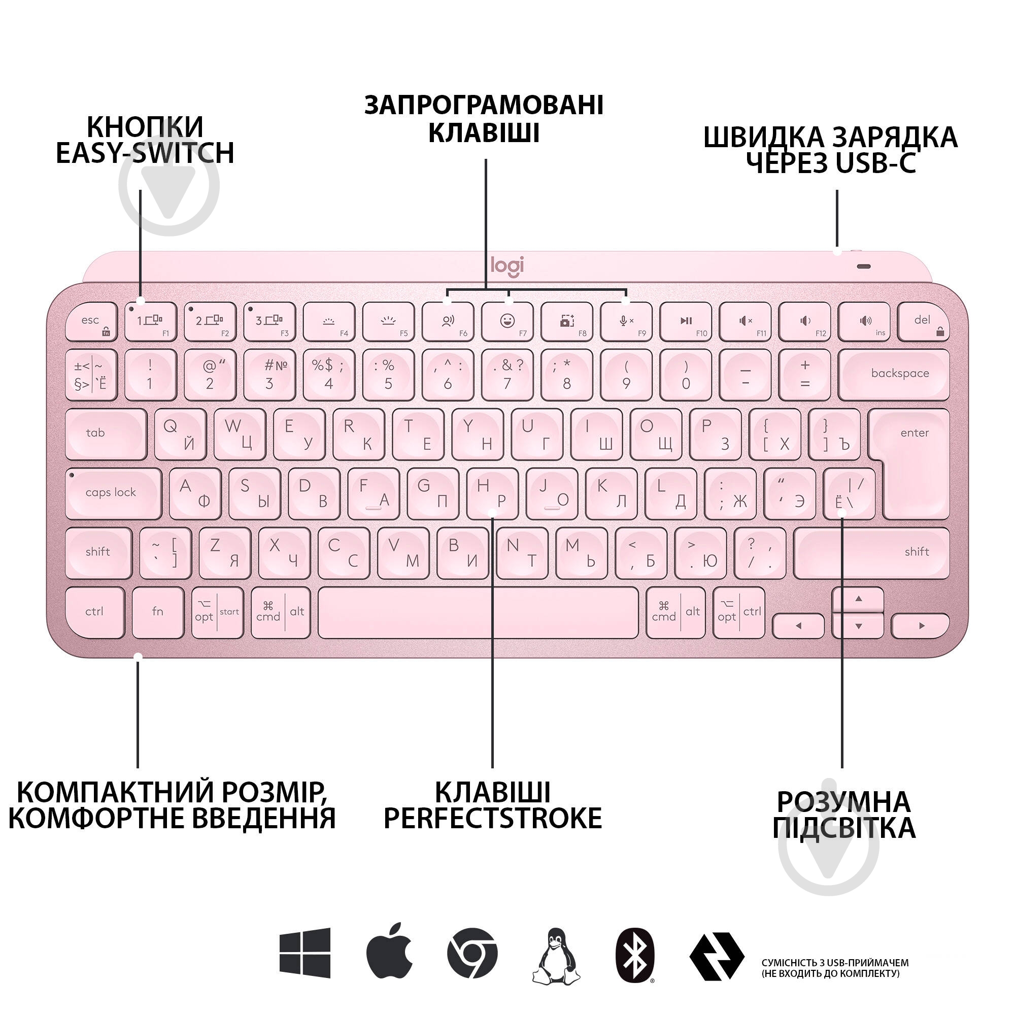 Клавиатура Logitech MX Keys Mini Minimalist Wireless Illuminated (920-010500) rose - фото 6 Клавиатура Logitech MX Keys Mini Minimalist Wireless Illuminated (920-010500) rose - фото 6
