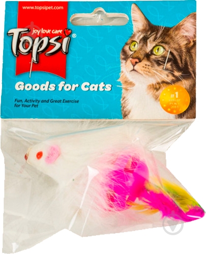 Игрушка для котов Topsi Мышка с перьями 1623 белый - фото 1