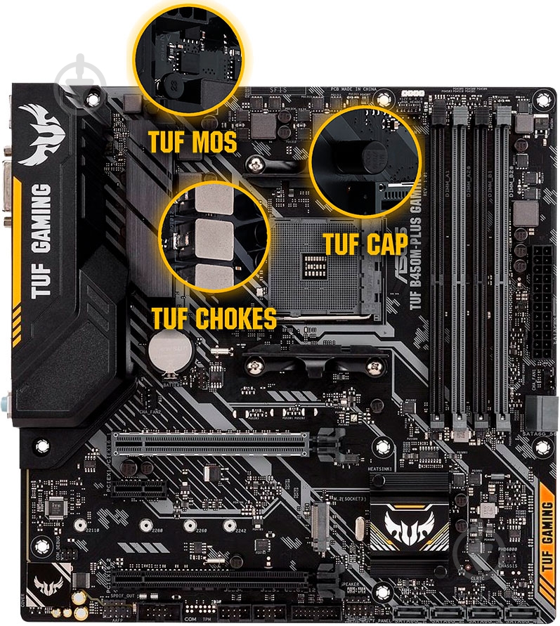 Материнська плата Asus TUF B450M-PLUS GAMING (Socket AM4, AMD B450, mirco ATX) - фото 5 Материнська плата Asus TUF B450M-PLUS GAMING (Socket AM4, AMD B450, mirco ATX) - фото 5