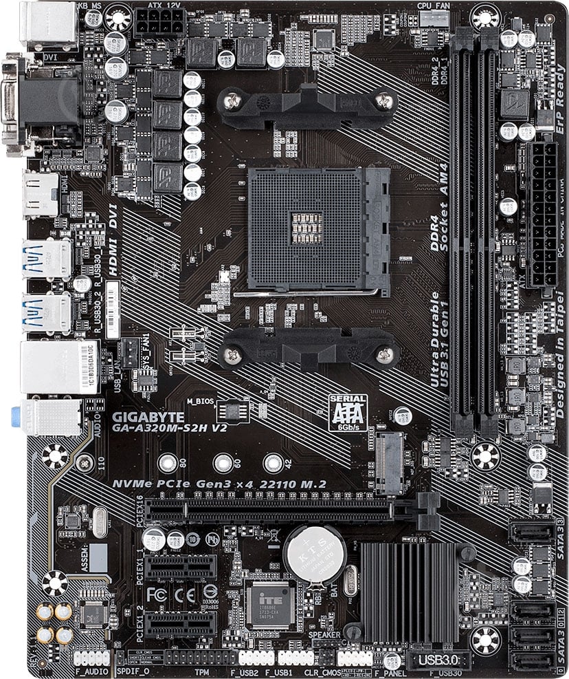 Материнская плата Gigabyte GA-A320M-S2H V2 (Socket AM4, AMD A320, mirco ATX) - фото 2 Материнская плата Gigabyte GA-A320M-S2H V2 (Socket AM4, AMD A320, mirco ATX) - фото 2