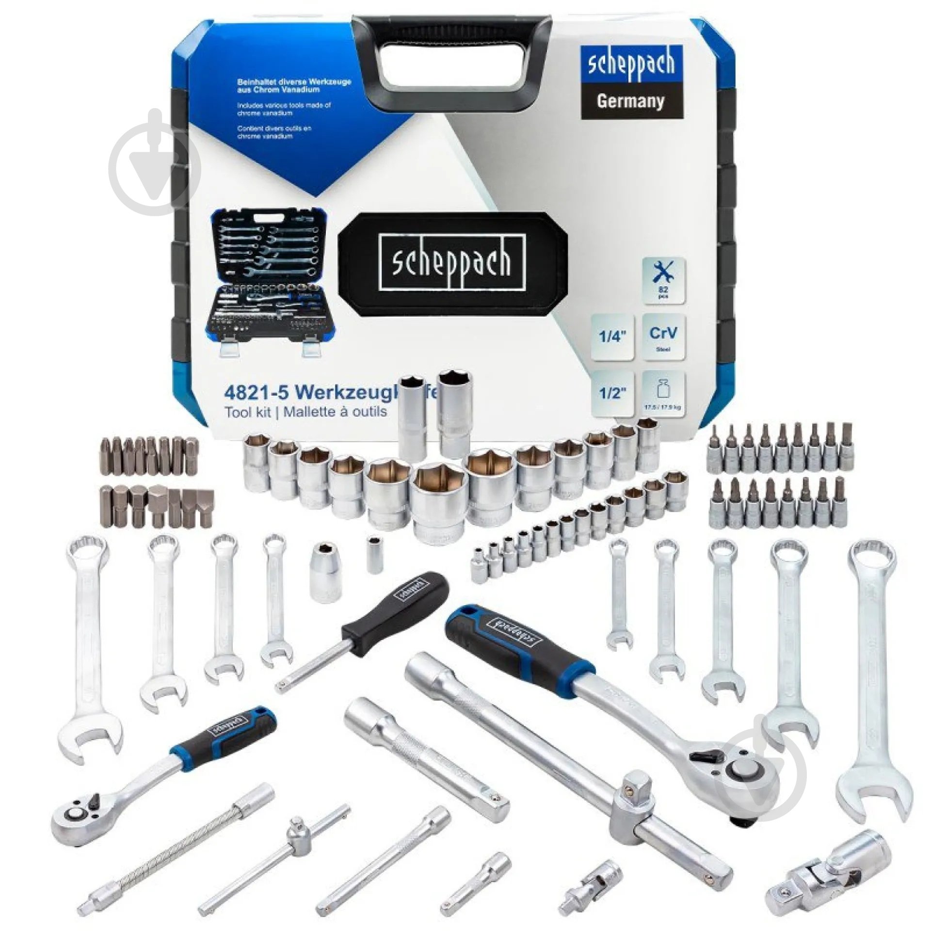 Набор ручного инструмента Scheppach 1/4"&1/2" (6-гр.)(4-32мм) 82 шт. SCH-4821-5 - фото 1 Набор ручного инструмента Scheppach 1/4"&1/2" (6-гр.)(4-32мм) 82 шт. SCH-4821-5 - фото 1