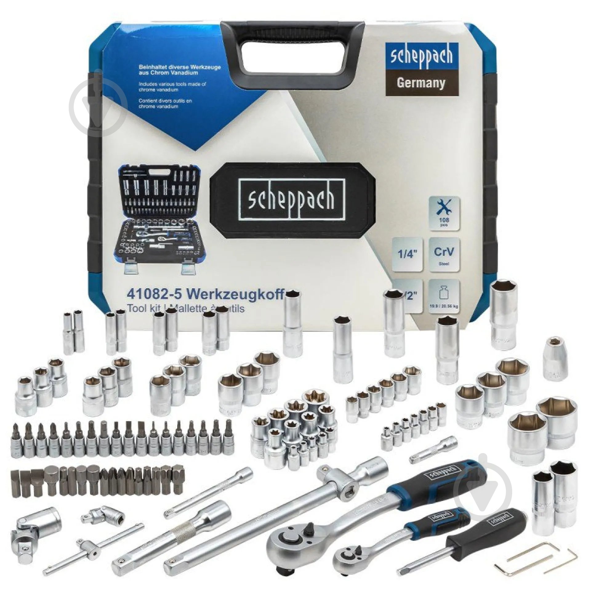 Набор ручного инструмента Scheppach 1/2'',1/4''(6гр.)(4-32мм) 108 шт. SCH-41082-5 - фото 1 Набор ручного инструмента Scheppach 1/2'',1/4''(6гр.)(4-32мм) 108 шт. SCH-41082-5 - фото 1