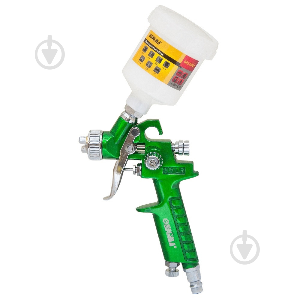 Фарборозпилювач пневматичний Sigma HVLP-mini Ø 0.8 (зелений) з верхнім баком (пластиковий) 6812041 - фото 1