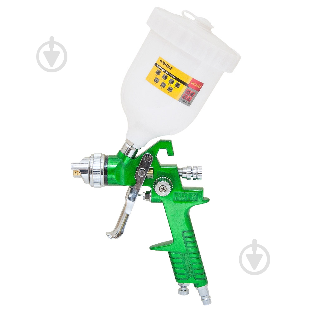 Краскораспылитель пневматический Sigma HVLP Ø 1.3 + 1,7 мм с верхним баком (зеленый) 6812121 - фото 1 Краскораспылитель пневматический Sigma HVLP Ø 1.3 + 1,7 мм с верхним баком (зеленый) 6812121 - фото 1