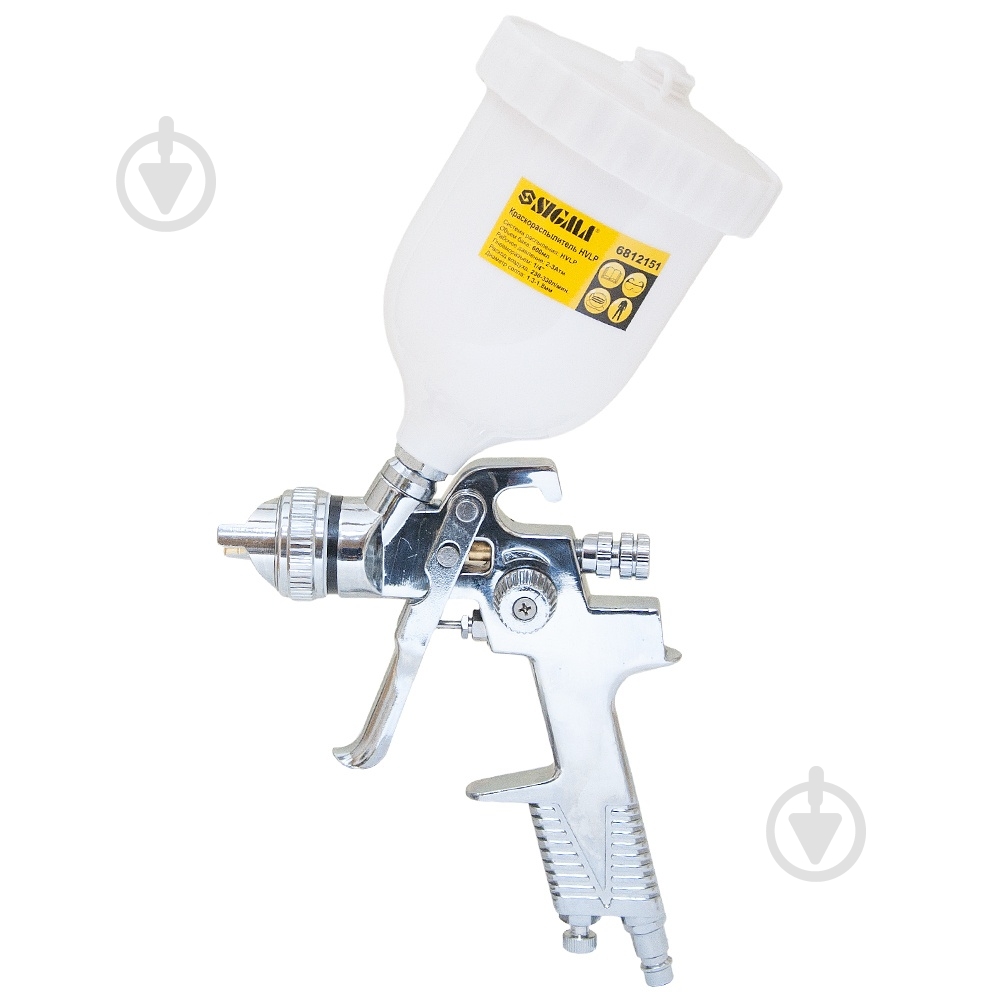 Краскораспылитель пневматический Sigma HVLP Ø 1.3+1.8 мм (хром) с верхним баком (пластиковый) 6812151 - фото 1