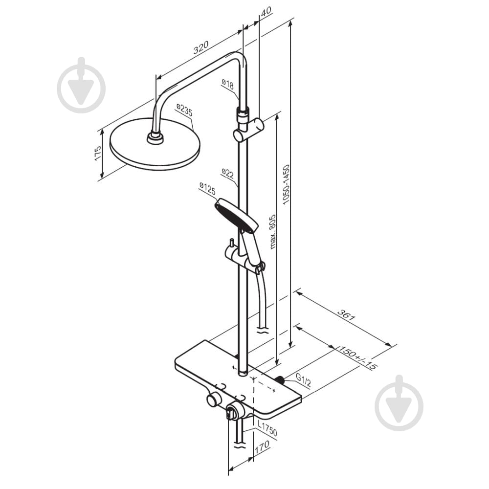Душевая система Damixa 947760000 Apollo, с ванно-душевым термостатическим смесителем-полкой - фото 7