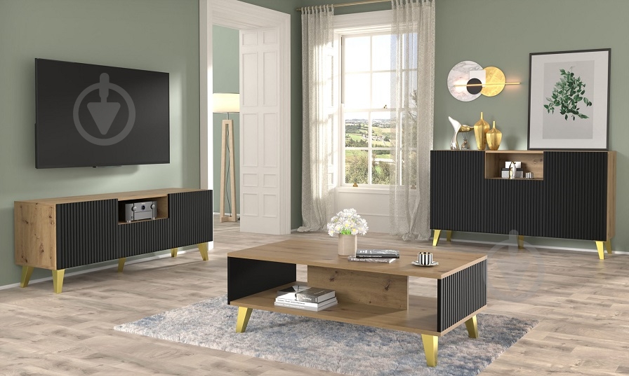 Комод BIM Furniture Ravenna 3д 1500x870x420 мм золотий/дуб артізан/чорний матовий (RAVENNA_PB_FOILED_MDF_CABINET_) - фото 5 Комод BIM Furniture Ravenna 3д 1500x870x420 мм золотий/дуб артізан/чорний матовий (RAVENNA_PB_FOILED_MDF_CABINET_) - фото 5
