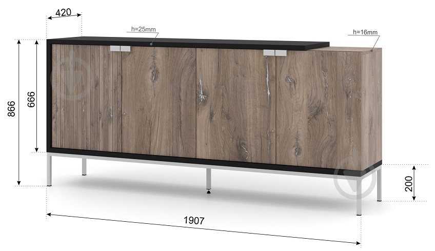 Комод BIM Furniture Toledo 1900x870x420 мм чорний матовий/дуб флагстафф (TOLEDO_CABINET_190_4D_FLAGSTAF) - фото 3 Комод BIM Furniture Toledo 1900x870x420 мм чорний матовий/дуб флагстафф (TOLEDO_CABINET_190_4D_FLAGSTAF) - фото 3