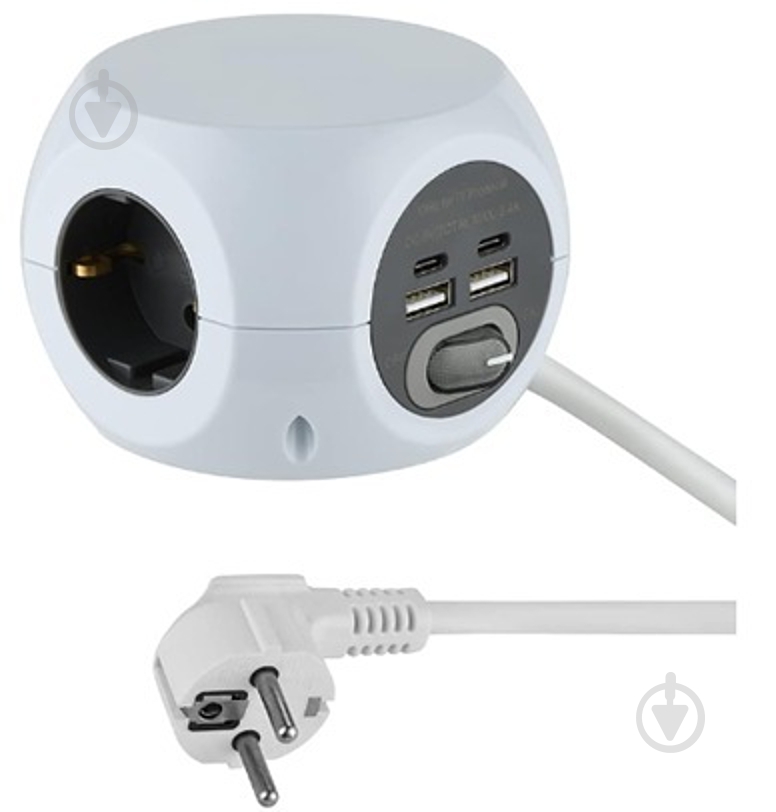 ᐉ Подовжувач Electraline Mini Cube 2 USB 2 type C з вимикачем із