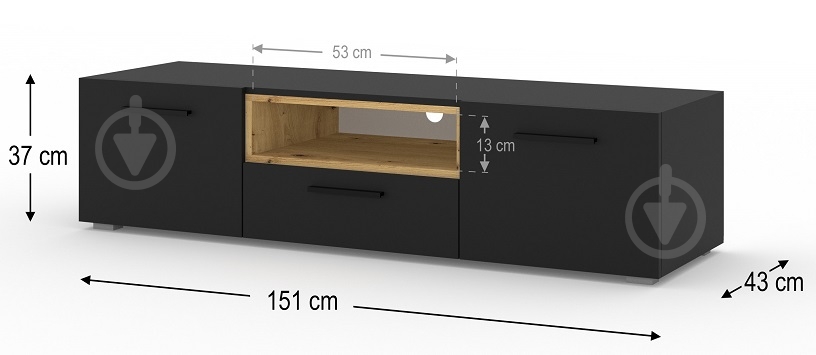 Тумба під ТВ BIM Furniture Anette 3д 1510x370x430 мм чорний матовий/дуб артізан(TV_STAND_ANETTE_151_BLACK_ARTI) - фото 3 Тумба під ТВ BIM Furniture Anette 3д 1510x370x430 мм чорний матовий/дуб артізан(TV_STAND_ANETTE_151_BLACK_ARTI) - фото 3
