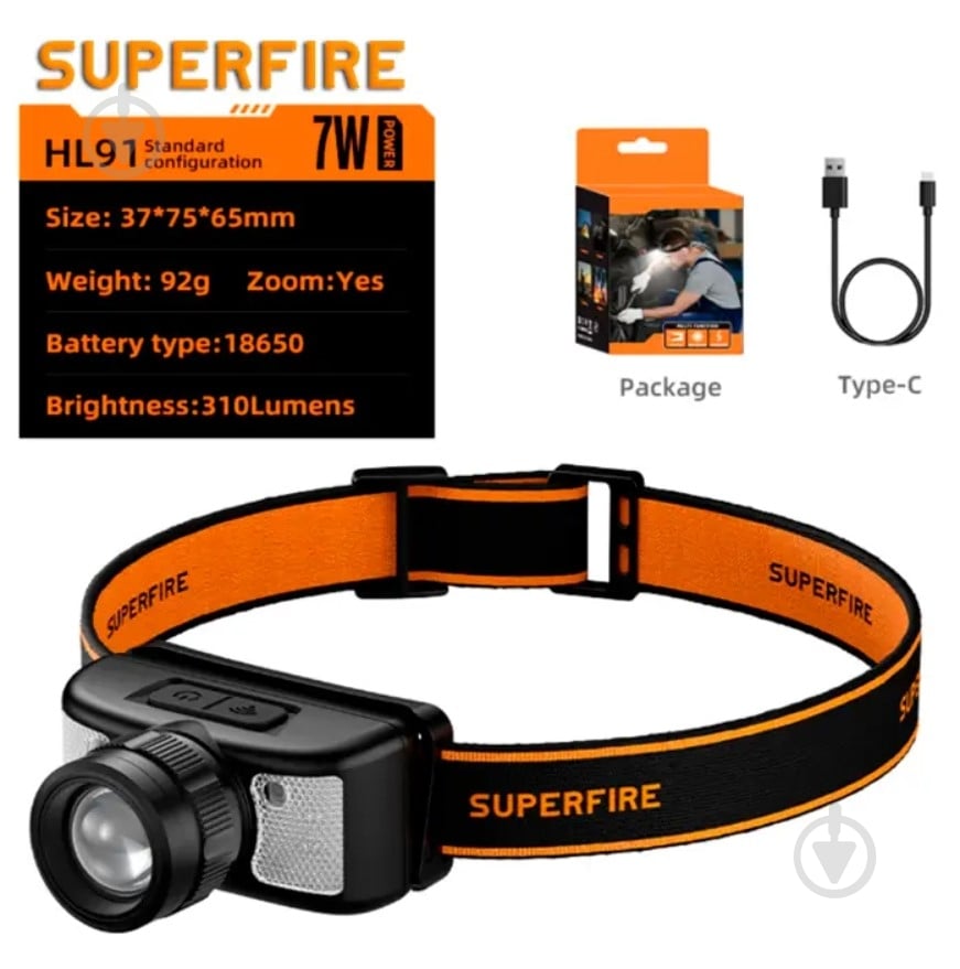 Ліхтар налобний SuperFire HL91 SuperFire 310 Lumen IP43 310 Lm чорний HL91 - фото 4
