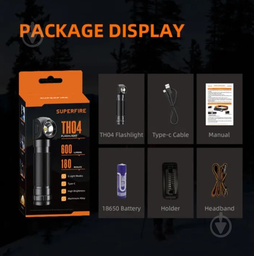 Фонарь рабочий SuperFire 600 Lm черный TH04 - фото 6 Фонарь рабочий SuperFire 600 Lm черный TH04 - фото 6