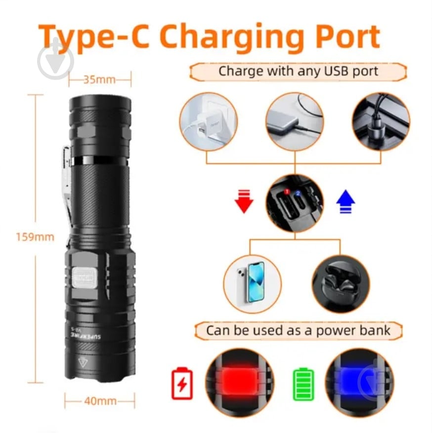 Фонарь тактический SuperFire 2000 Lm черный V8-S - фото 3 Фонарь тактический SuperFire 2000 Lm черный V8-S - фото 3