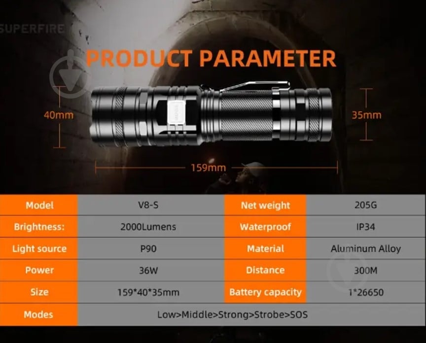 Фонарь тактический SuperFire 2000 Lm черный V8-S - фото 2 Фонарь тактический SuperFire 2000 Lm черный V8-S - фото 2