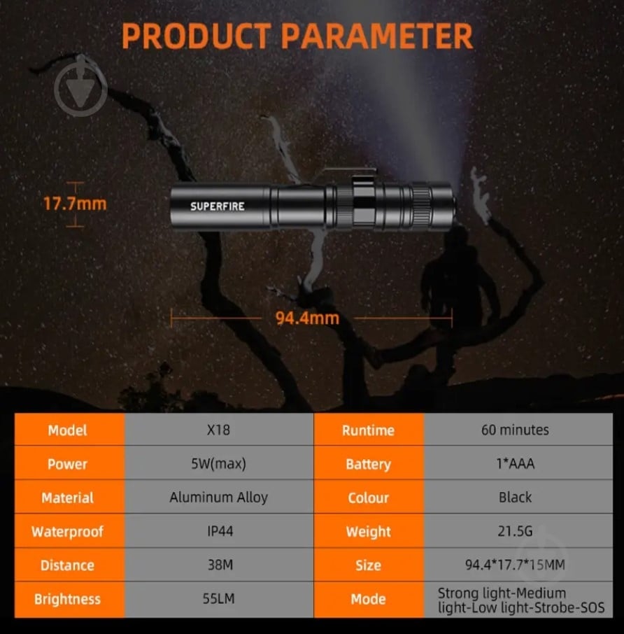 Ліхтарик кишеньковий SuperFire 55 Lm чорний X18 - фото 5 Ліхтарик кишеньковий SuperFire 55 Lm чорний X18 - фото 5