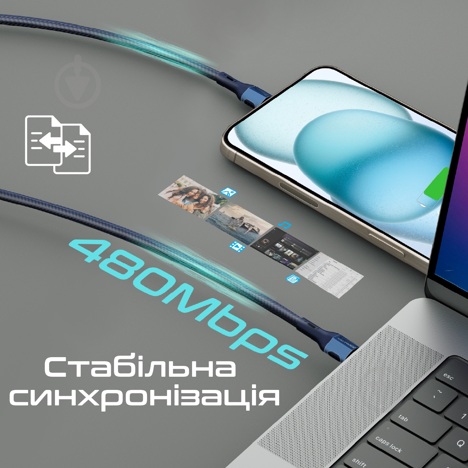 Кабель Promate FletchLink-СС USB-C to USB-C 60W Power Delivery 1,2 м Blue (fletchlink-cc.blue) - фото 3 Кабель Promate FletchLink-СС USB-C to USB-C 60W Power Delivery 1,2 м Blue (fletchlink-cc.blue) - фото 3