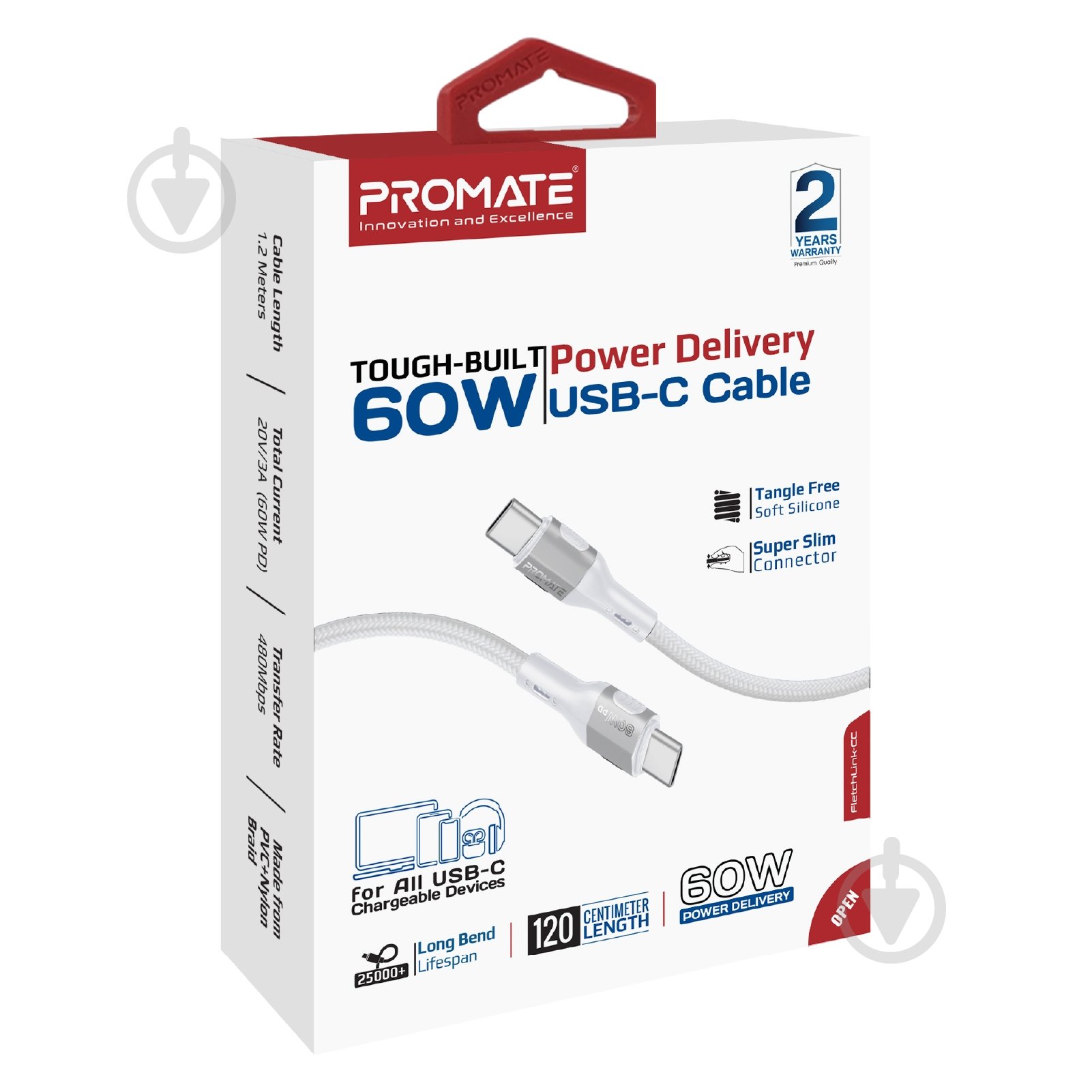 Кабель Promate FletchLink-СС USB-C to USB-C 60W Power Delivery 1,2 м grey (fletchlink-cc.grey) - фото 6 Кабель Promate FletchLink-СС USB-C to USB-C 60W Power Delivery 1,2 м grey (fletchlink-cc.grey) - фото 6