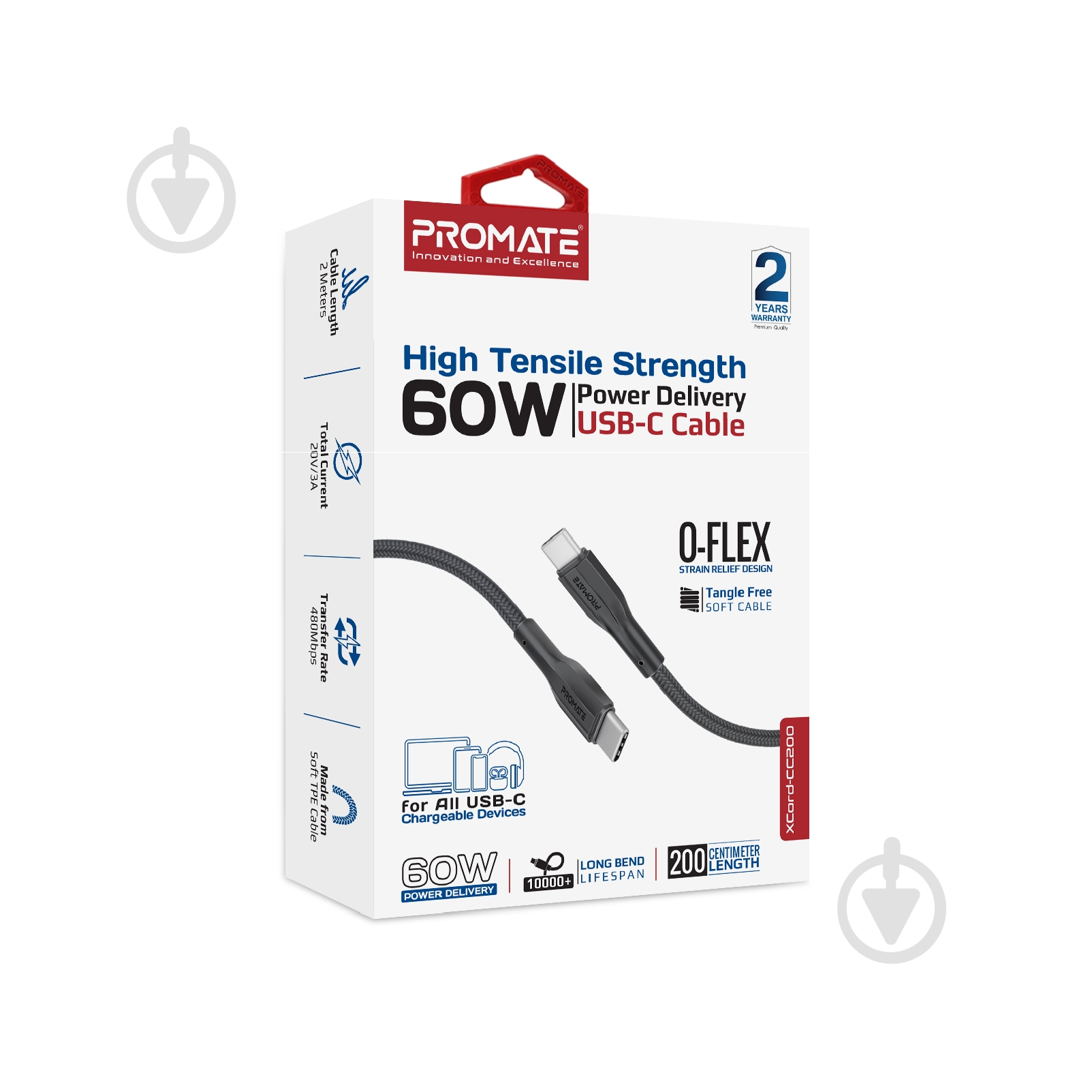 Кабель Promate xCord-CC200 USB-C to USB-C 3А 2 м black (xcord-cc200.black) - фото 6